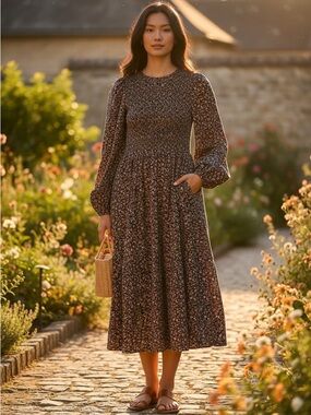 Madewell Melody Floral Brown Smocked Midi Dress Puff-Sleeve XS Boho Cottagecore